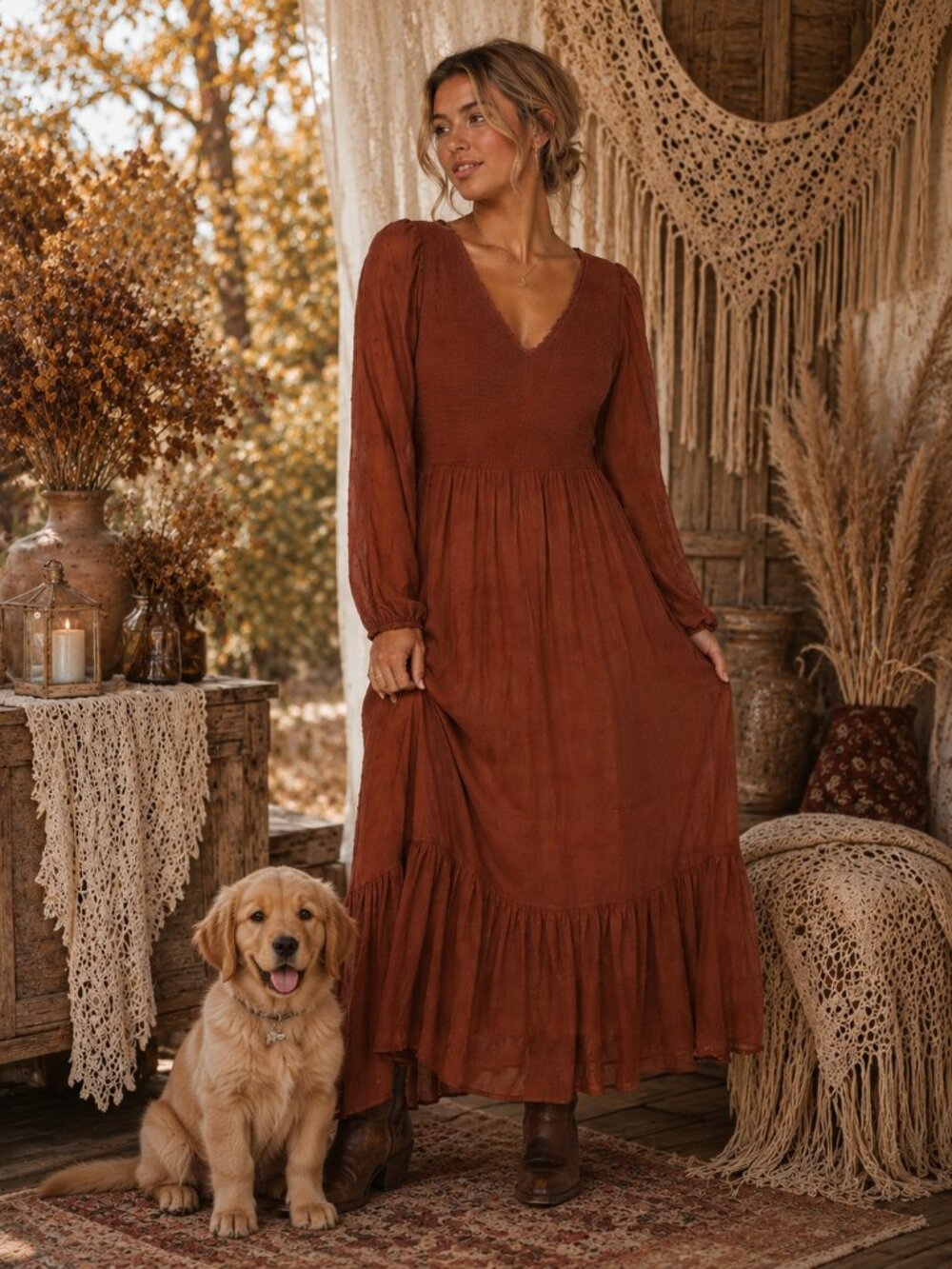 Rust Brown Textured Boho Maxi Dress